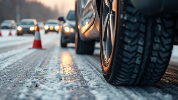 Close-up car tire driving on icy road with traffic, Driving tips for icy roads.