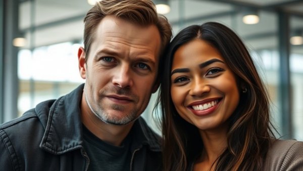 Contrasting emotions highlighting domestic violence awareness, young man and woman.