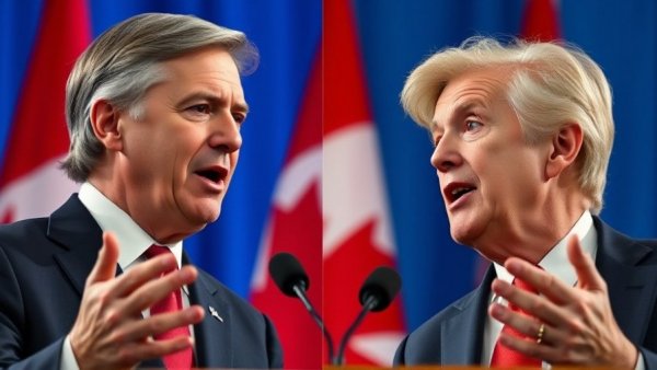 Canada and US Relations: Two leaders in front of flags and blue backdrop.