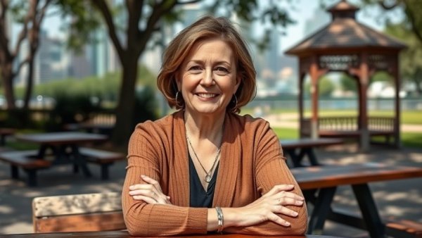 Texas 988 Crisis Lifeline LGBTQ+ Support: Woman in park with city backdrop.