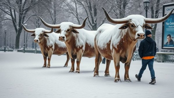 Snowy longhorn statues in park, perfect for streaming movies for winter.