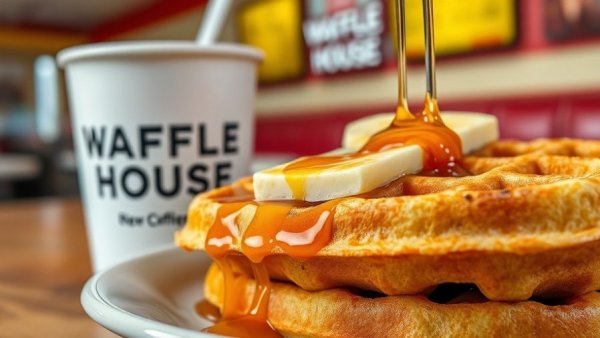 Waffle House coffee and waffle close-up, snow day in Dallas.