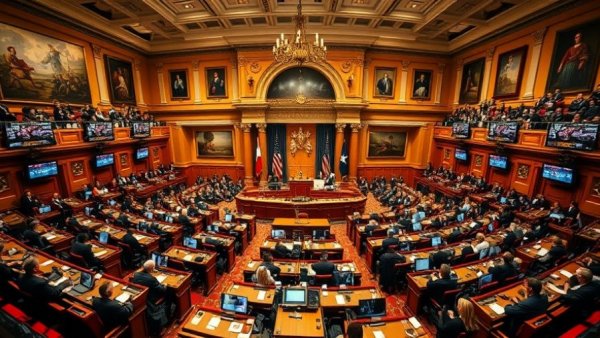 Texas House chambers during GOP primaries with members and voting boards.