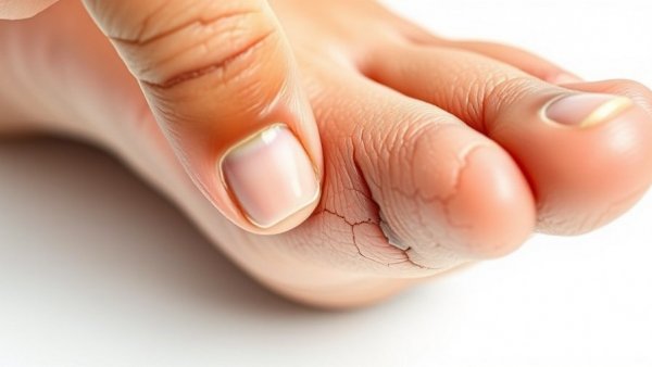 Close-up of a dry cracked heel with hand touching it for foot care tips.