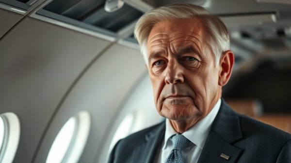 Serious older man in suit inside aircraft, Trump Greenland negotiations 2026.