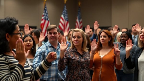 Diverse group taking citizenship oath, symbolizing immigration policy in the USA.