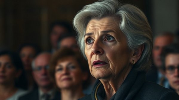 Serious older woman addressing audience in cinematic style, Contempt of Congress Hillary Clinton.