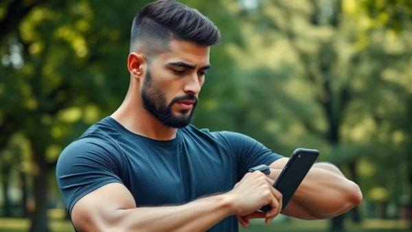 Man checking smartwatch, related to alkaline diets athletic performance.