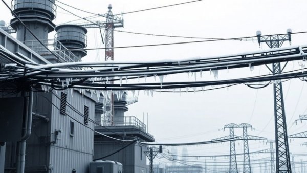 Icy power station showcasing Texas winter storm preparedness.