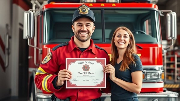 Man in fire department uniform with certificate beside smiling woman, firehouse.