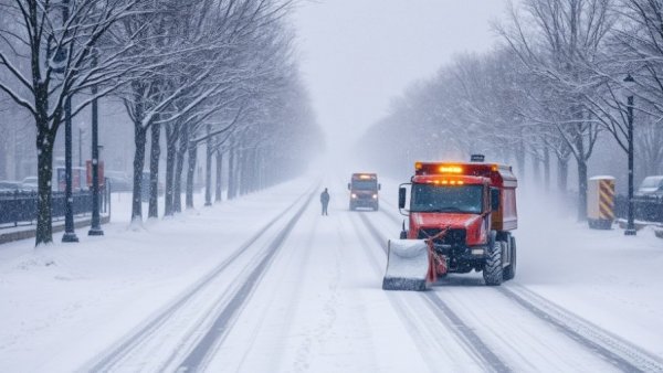 New Jersey winter storm emergency image with snowplow clearing streets.
