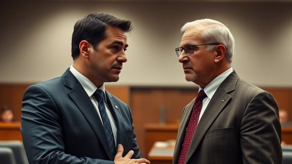 Two men in a courtroom discussion, representing the Uvalde shooting trial officer acquittal.