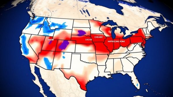 Winter storm impacts US: snow and ice regions map with city labels.