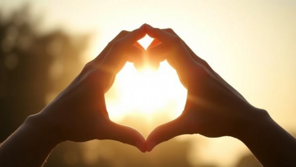 Hands forming heart shape in sunlight, symbolizing love.