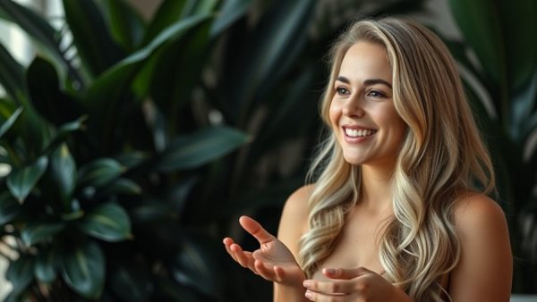 Smiling woman in lush setting, promotes healthy aging skin care.