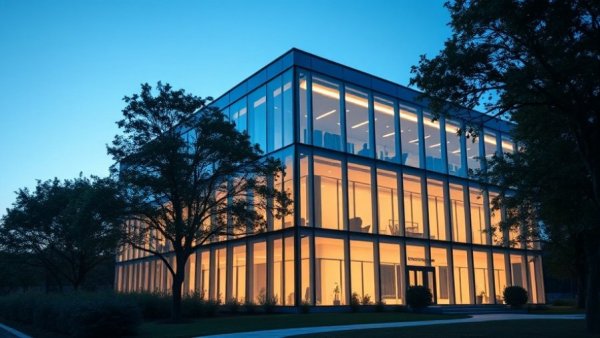 Modern office building with large glass walls near trees at dusk.