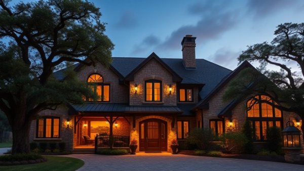 Hill Country luxury home San Antonio at dusk with warm lights