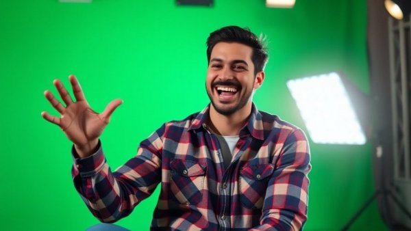 Joyful man gesturing in a studio with bright light behind.