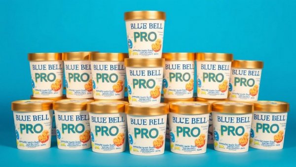 Colorful Blue Bell Pro high-protein frozen dessert containers.