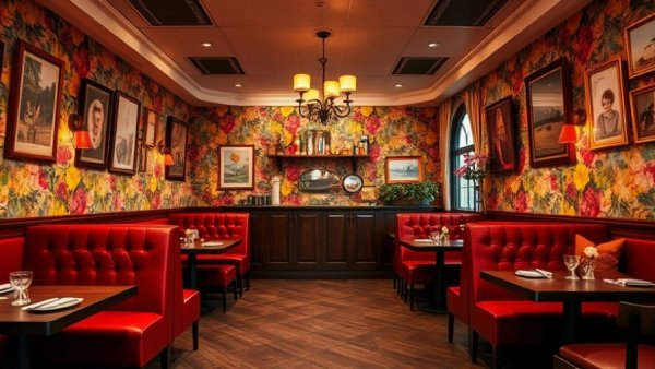 Romantic restaurant interior with colorful floral decor, ideal for Valentine's Day dinner in San Antonio.