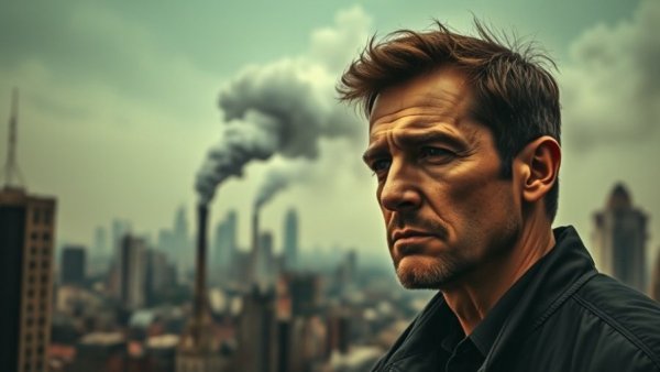 Venezuela War Powers Resolution scene with city smoke and contemplative figure.