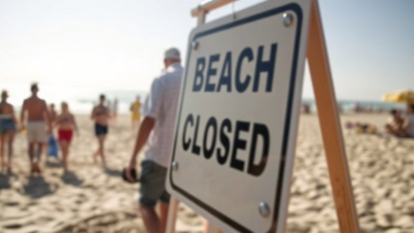 Warning signs for shark attack in Sydney on sunny beach.