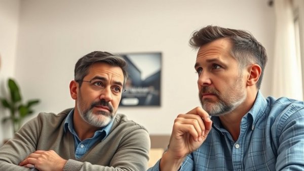 Thoughtful video discussion between two men, mental wellness for seniors.