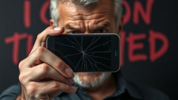 Concerned man holding cracked phone, stop porn addiction concept.