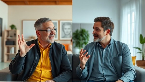 Virtual conversation on mental wellness for seniors, two men.