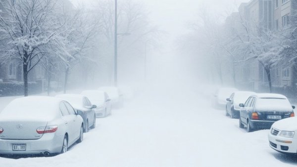 Parked cars covered in snow during a heavy snowstorm.