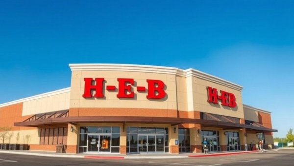 H-E-B store exterior bright day blue sky