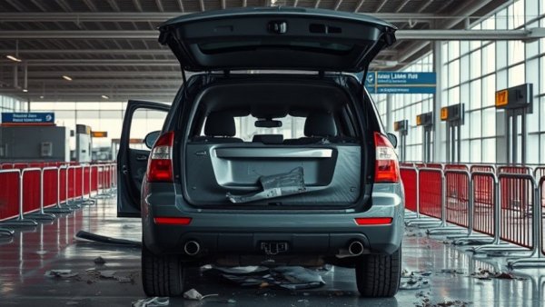 Detroit Metro Airport crash scene with damaged SUV inside terminal.