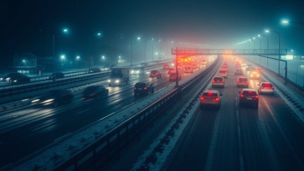 Tarrant County winter storm road conditions at night with emergency vehicles.