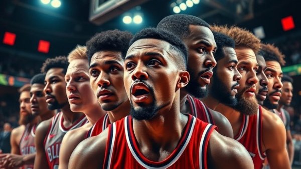 Vibrant collage of basketball players in NBA highlights.