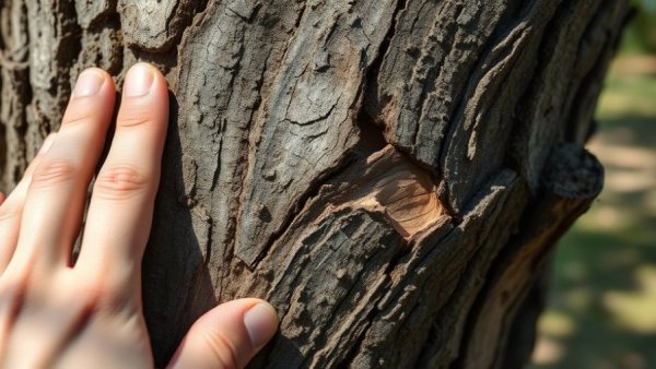 Hand examining tree bark damage from cold weather effects.