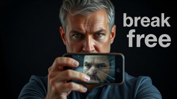 Determined man holding phone with cracked screen, stop porn addiction message.