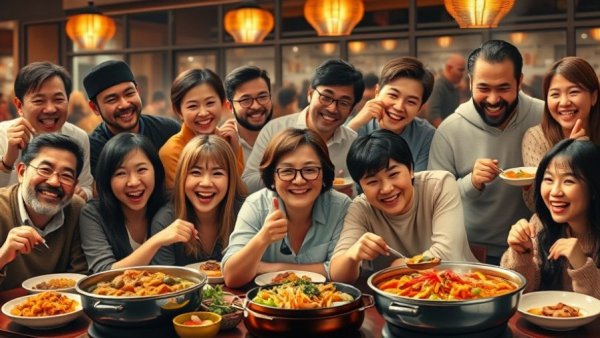Diverse diners savor best hot pot in Houston, smiling.
