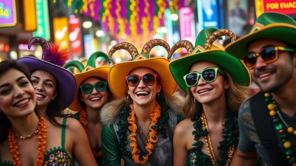Mardi Gras Houston 2026: festive group celebrates in colorful attire.