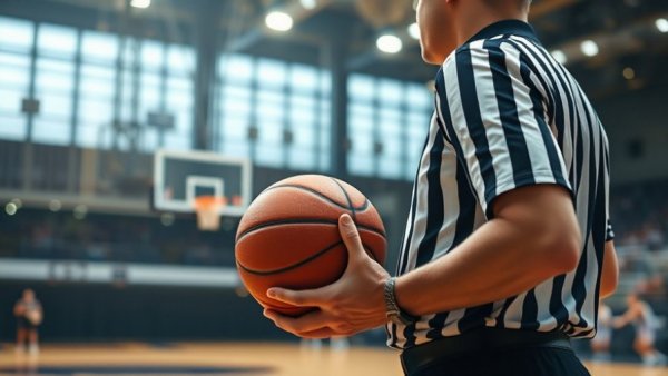 Referee holding basketball, middle school basketball fight management.