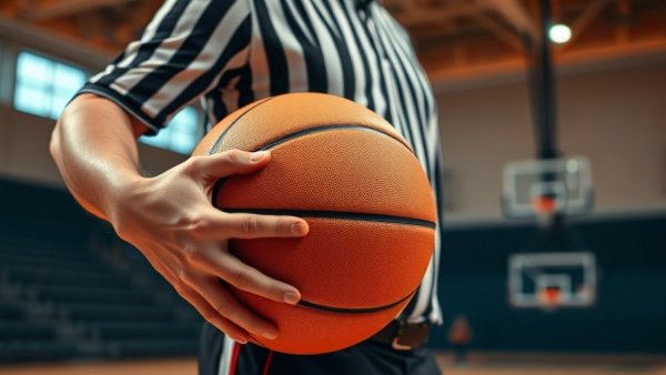 Referee holding basketball in gym, focus on stripes and ball.