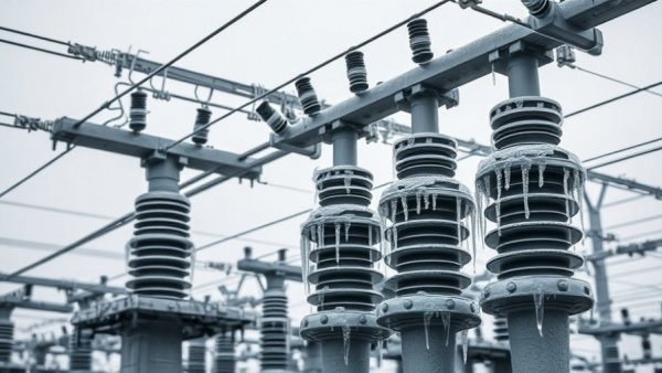 Icy Texas power grid during winter storm under overcast skies.