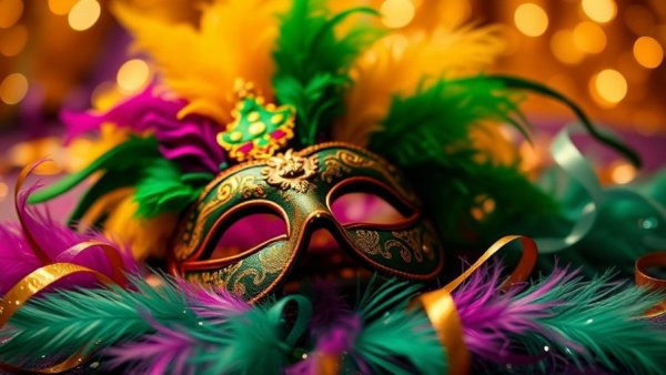 Mardi Gras mask at Ida Claire with vibrant colors and feathers.