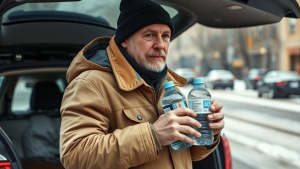 Texas weather updates man carrying water in snowy street environment.