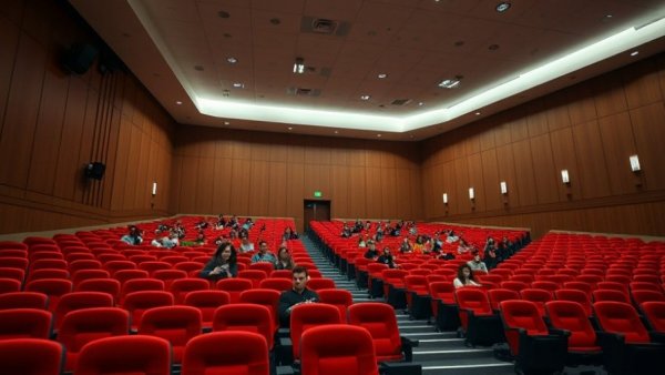 Lecture hall at 9am with few students present, early morning education setting.