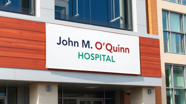 John M. O'Quinn Hospital banner on building facade in Houston.