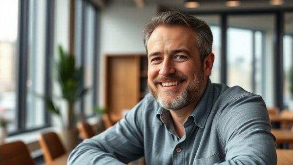 Middle-aged man smiling at a table, discussing Port Houston growth initiatives.