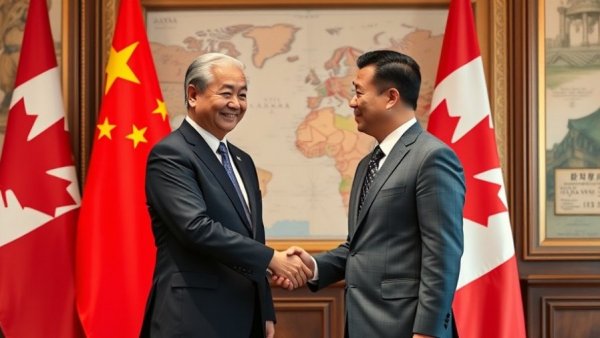 Diplomatic handshake before Chinese and Canadian flags, 100% tariff threat on Canada.