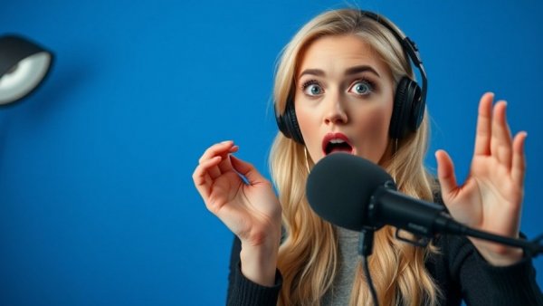 Blonde woman podcasting with expressive pose in blue studio.