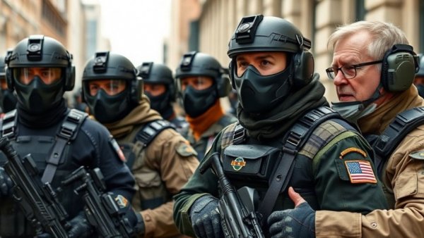 Tim Walz ICE prosecution scene with tactical officers and serious older man.