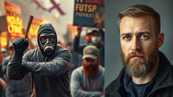 Composite image depicting protester and portrait, related to Trump's January 6 pardons.